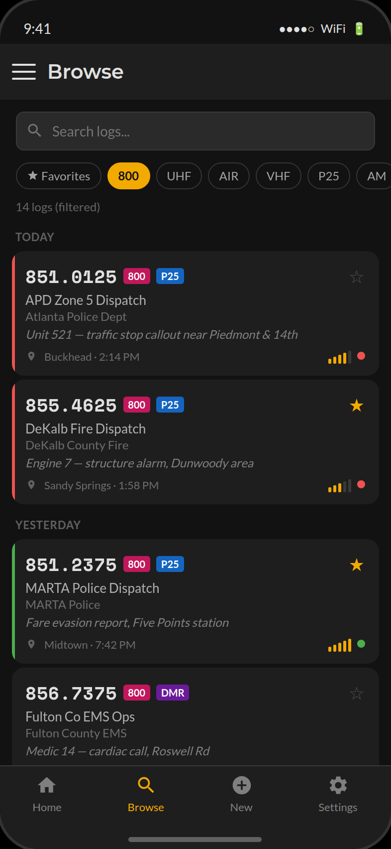 Browse archive with search, filter chips, and date-grouped log cards