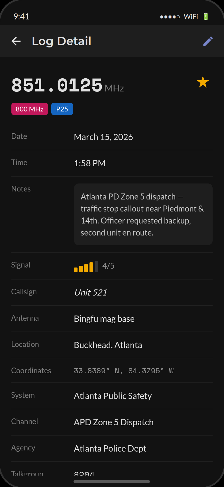 Log detail view with hero frequency, metadata fields, and scanner system info