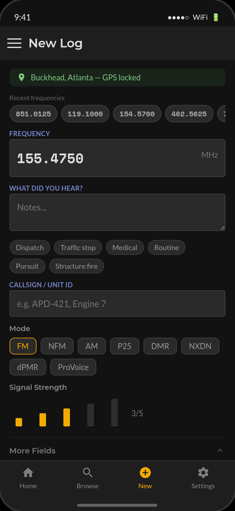 New log form with GPS banner, frequency input, quick-note shortcuts, and mode auto-suggest