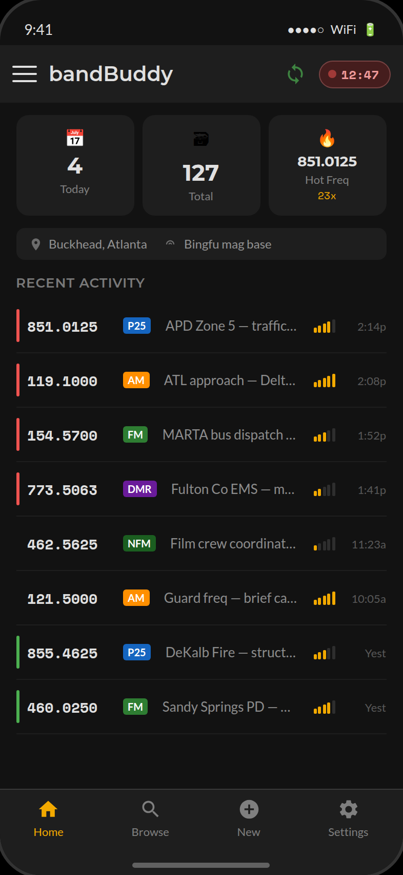 Home cockpit with stats cards, rig status, activity feed, and live session timer