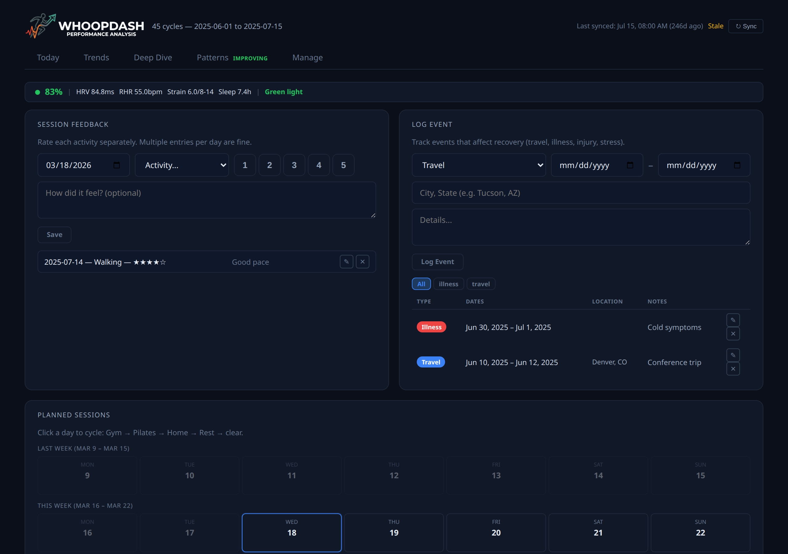 Manage tab with session feedback form, event logger, and weekly planner